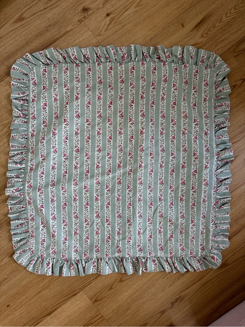 Vintage Laura Ashley Sage Green and Pink Floral Striped Ruffled pillow cover
